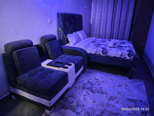 a bedroom with a couch and a bed and a chair at Tsavo Stanley in Kiambu