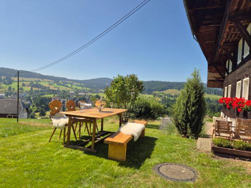 a picnic table in the grass in a yard at Echtes Schwarzwaldhaus - Traditionell & Modern in Bernau im Schwarzwald
