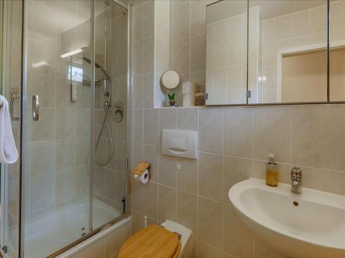 a bathroom with a shower and a toilet and a sink at Feriendorf Rugana - Komfort Appartement mit 1 Schlafzimmer und Terrasse B37 in Dranske