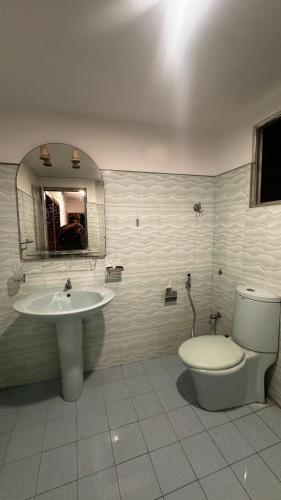 a bathroom with a sink and a toilet and a mirror at Kandyan Sceptre in Kandy