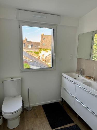 a bathroom with a toilet and a sink and a window at Duplex en plein coeur de Landerneau in Landerneau