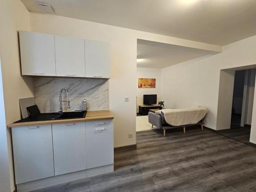a kitchen with white cabinets and a sink and a couch at Le Déchelette 2, appartement cosy en plein centre in Roanne