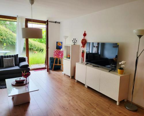 een woonkamer met een bank en een tv bij Garden-Apartment next to the forest, free parking in Schonach
