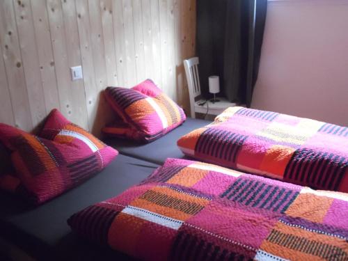 a room with two beds with colorful blankets at Appartment Chalet Sonnenheim in Kandersteg