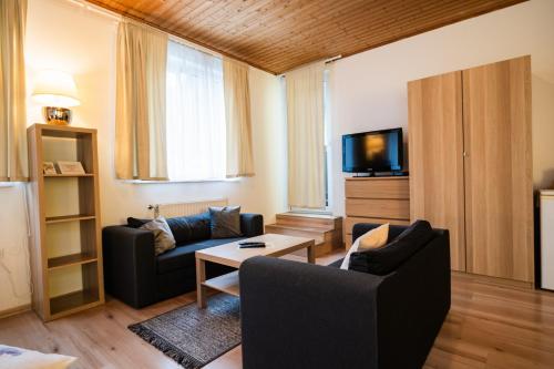 a living room with two couches and a tv at Alpenpension Haslinger in Bad Gastein