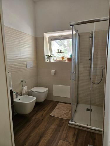 a bathroom with a shower and a toilet and a sink at Villa S'Olia in Villa Gorizia