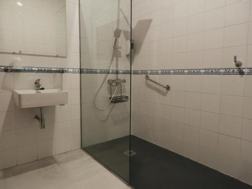 a bathroom with a shower and a sink at Hotel Doña Blanca in Seville