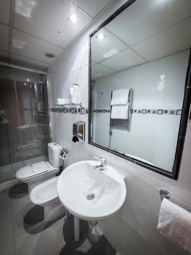 a bathroom with a sink and a toilet and a mirror at Hotel Villa De Ermua in Ermua