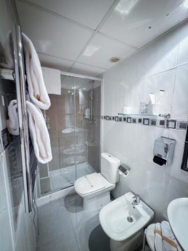 a bathroom with a shower and a toilet and a sink at Hotel Villa De Ermua in Ermua