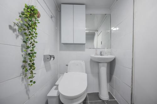 ソウルにある홍대 stay yooのトイレと洗面台を備えた白いバスルーム