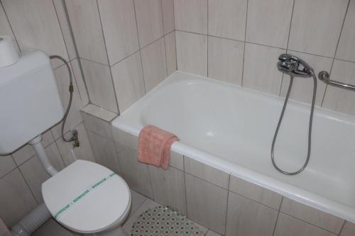 a bathroom with a toilet and a bath tub at Hotel Ciucas in Vălenii de Munte