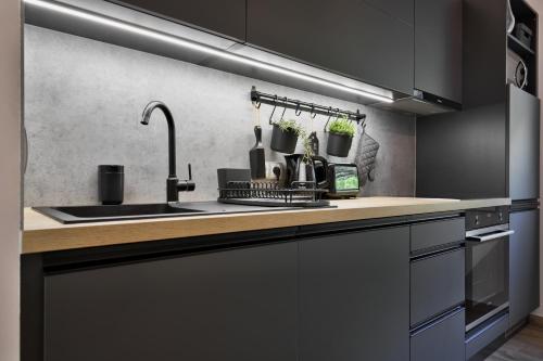 a kitchen with a sink and a counter top at Apartmány Hřensko in Hřensko
