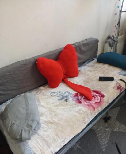 a red stuffed animal sitting on top of a bed at Charmant studio in Paris