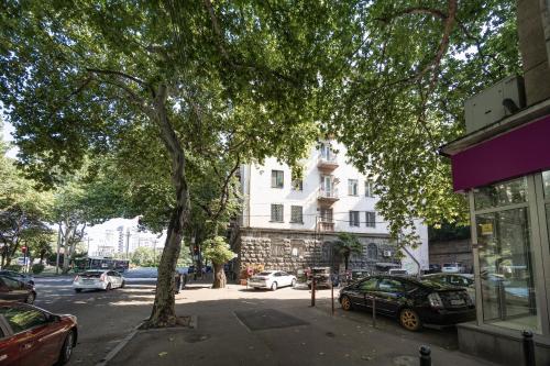 a tree on a city street with cars parked at Ninore Orange Apartment in Old Tbilisi in Tbilisi City