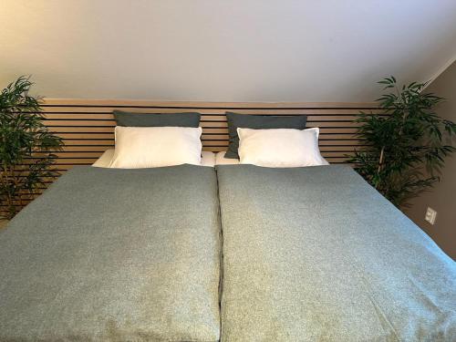 two beds sitting next to each other in a bedroom at Cozy house with a sea view in Knarrvika