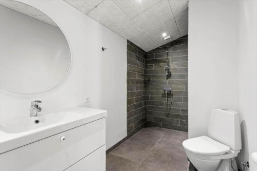 a bathroom with a toilet and a sink and a shower at LL249-Rudkobing-Norrebro-49 in Rudkøbing