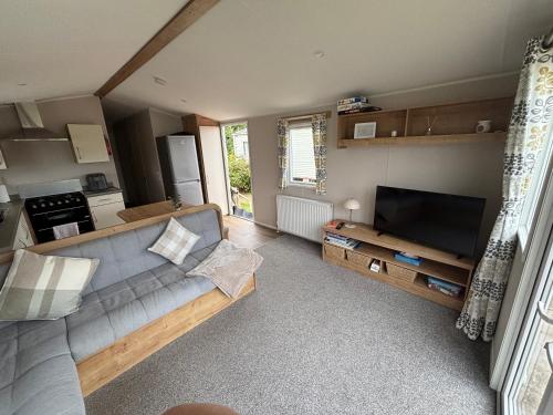 a living room with a couch and a flat screen tv at Southview caravan park in Winthorpe