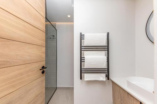 ステレンボッシュにあるAan de Meul Luxury Apartmentsのシャワーと洗面台付きのバスルーム