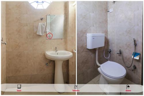 two pictures of a bathroom with a toilet and a sink at Hotel O Jaipur Railway Junction Vijeet Palace in Jaipur