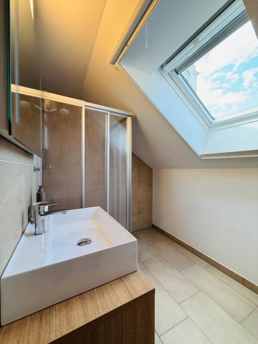 a bathroom with a white sink and a skylight at Landgasthof Sagenhaft in Klagenfurt