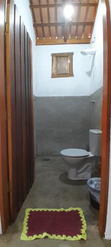 ein Badezimmer mit Toilette und Teppich in der Unterkunft Chalés Santo Verde 2 in Goiás