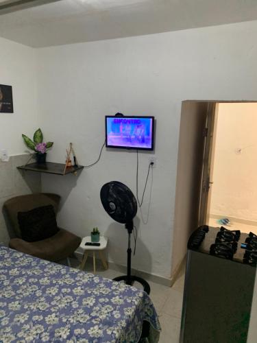 sypialnia z łóżkiem i telewizorem z płaskim ekranem na ścianie w obiekcie Kitnet Dream House w mieście Bayeux