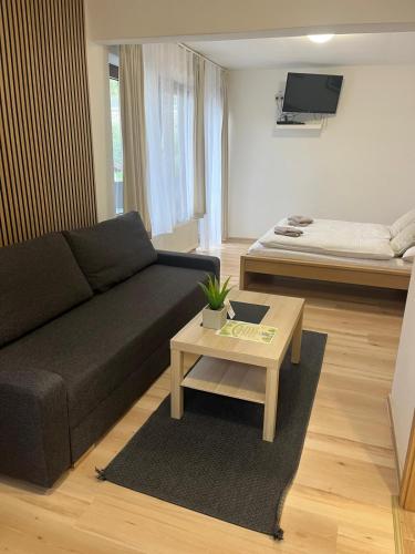a living room with a black couch and a table at Alpenpension Haslinger in Bad Gastein