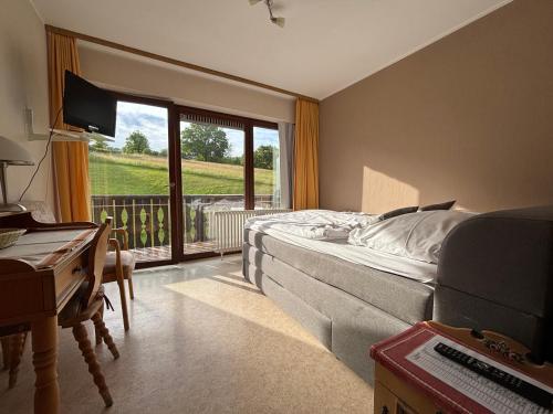 a bedroom with a bed and a desk and a window at Simplex Stays Hotel Lauer in Bad Soden-Salmünster