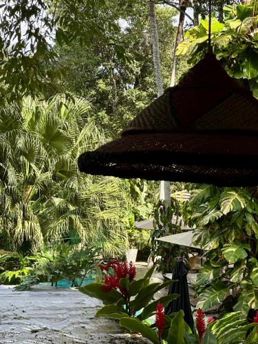 a straw hat is hanging in a garden at Soleluna Casa Pousada in Trancoso