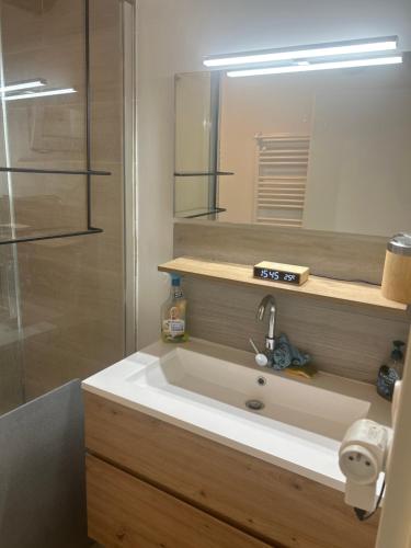 a bathroom with a sink and a mirror at Le port du brusc chambre chez l habitant in Six-Fours-les-Plages
