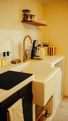 a kitchen with a counter top with a sink at Love room Piccola casa, côté île in La Verpillière