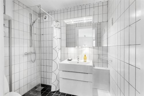 a white bathroom with a sink and a mirror at N088-Karrebaeksminde-Baekkene-201-B in Karrebæksminde