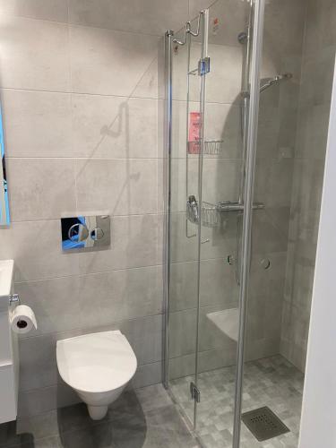 a bathroom with a glass shower with a toilet at Sälen Vintergatan 744 Lindvallen in Sälen