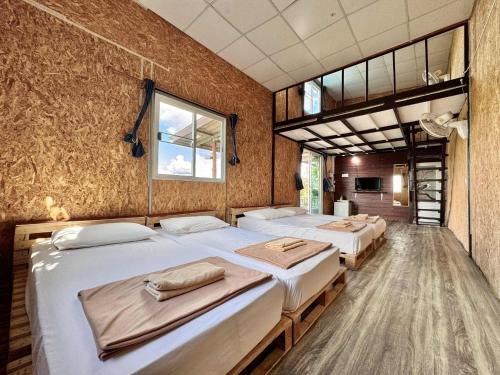 Habitación con 3 camas y ventana. en COOL CAMPING-Klang Khao1, 