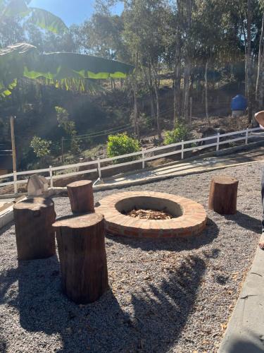 a fire pit with wooden logs around it at Chalés do vale Extrema Cinza in Extrema