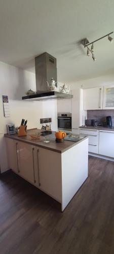 a kitchen with a large island in the middle at Ferienidyll Gartenblick in Lohra