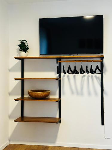 a shelf with a tv on a wall at Apartmány pod Suchým vrchem in Stachy