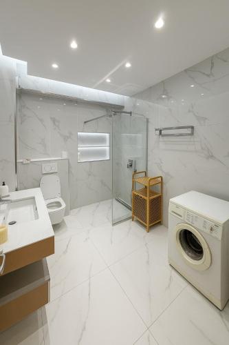 a bathroom with a washing machine and a toilet at Zoo&Lake Appartment in Sauk
