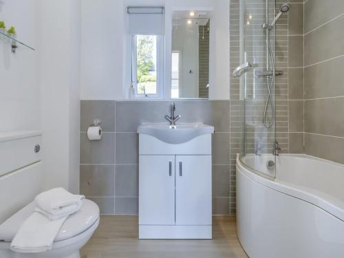 ein Badezimmer mit Waschbecken, Toilette und Badewanne in der Unterkunft Verbier Luxurious Seaside Retreat in Aberdyfi