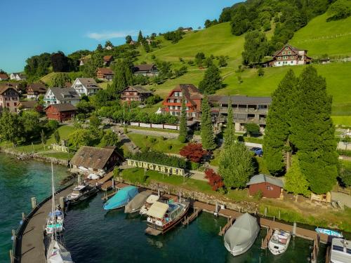a group of boats are docked at a marina at Seehotel Baumgarten in Kehrsiten