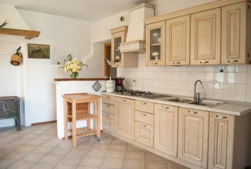 a kitchen with wooden cabinets and a sink at Maso Piatelle in Caldonazzo