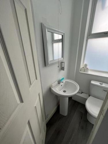 a bathroom with a sink and a toilet and a mirror at Diana Hotel London Wembley in London