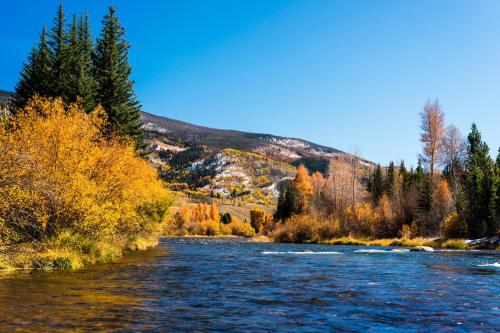 a view of a river with trees in the background at Alpine Vista Haven in Silverthorne