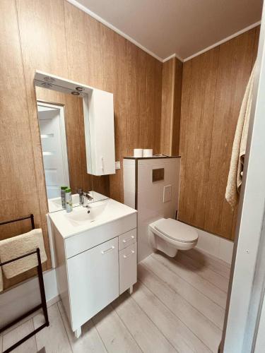a bathroom with a white toilet and a sink at Pokoje Gościnne Pod Złotym Pstrągiem in Zgorzelec