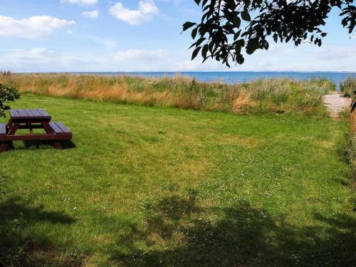 une table de pique-nique assise dans un champ d'herbe dans l'établissement Holiday Home Meeno - 200m from the sea by Interhome, à Gørlev