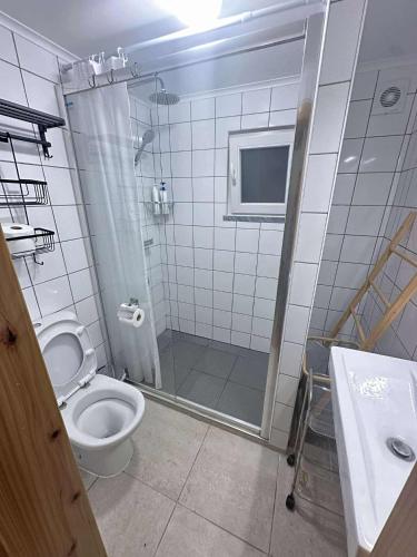 a bathroom with a shower and a toilet at Ana's Nest in Horta