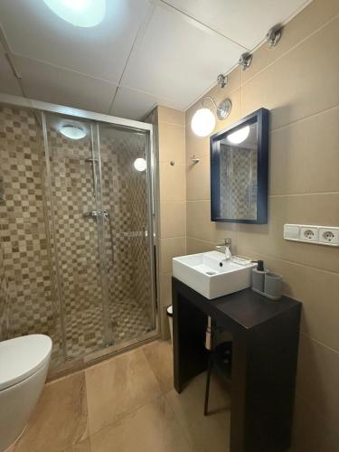 a bathroom with a shower and a sink and a toilet at Lope 20 - Apartamento céntrico y tranquilo in Jaén