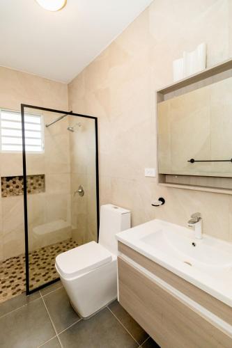 a bathroom with a toilet and a sink and a shower at Home for 10 with Pool and Solar Panels in Caguas! in Caguas