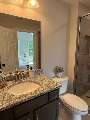 a bathroom with a sink and a toilet and a mirror at The Overlook at Lake James in Nebo