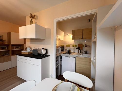 a small kitchen with white cabinets and white appliances at Studio Belle Vue in Aix-les-Bains